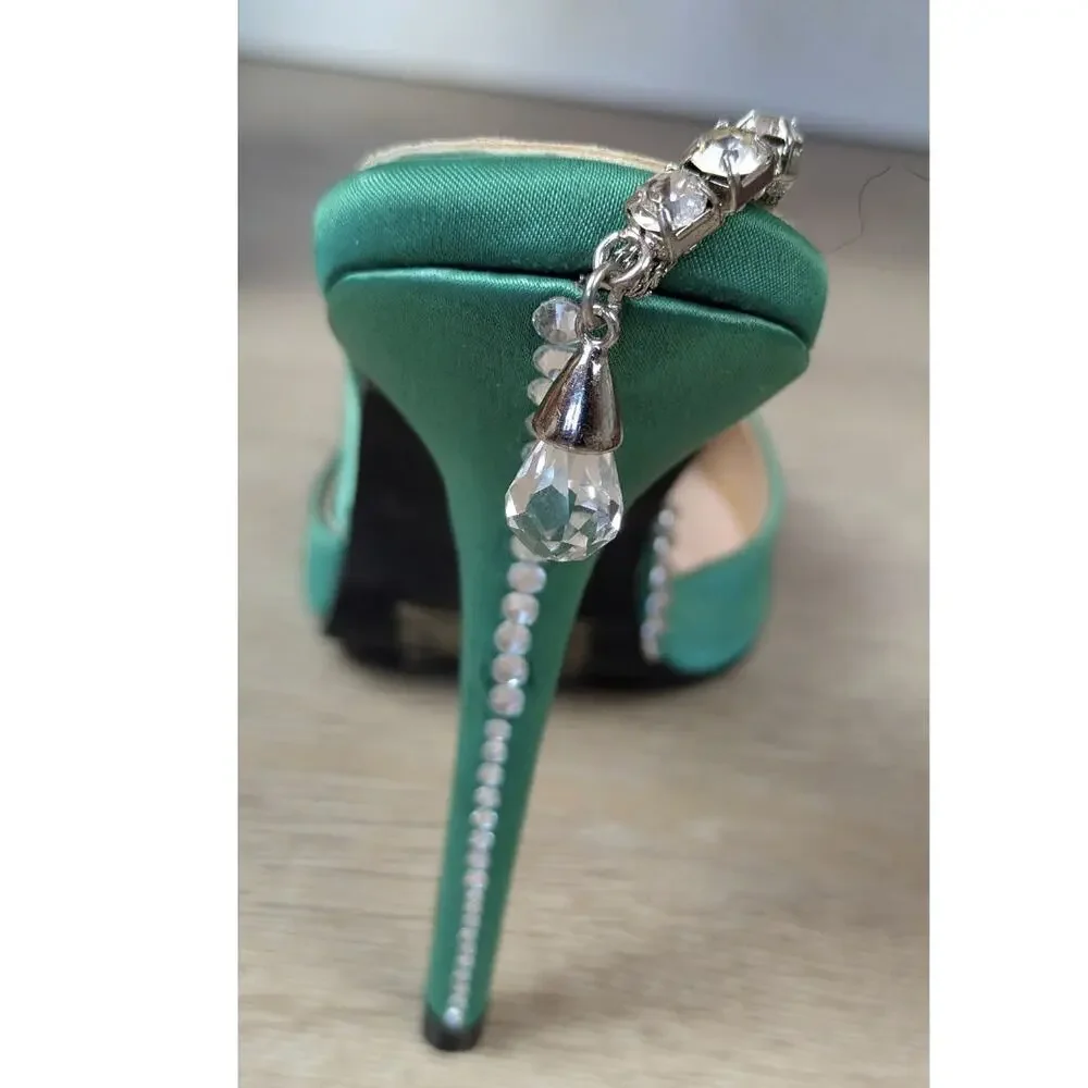 Azalea Wang Ashley Stiletto Heels 6 Green Rhinestone Ankle Strap Pointed Toe